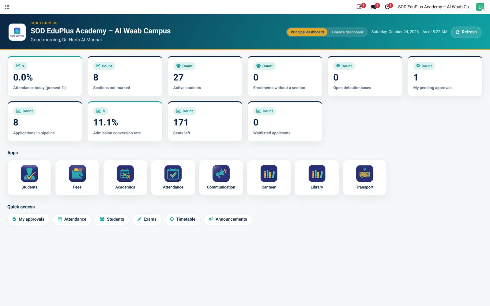 SOD EduPlus Dashboards & reports screen