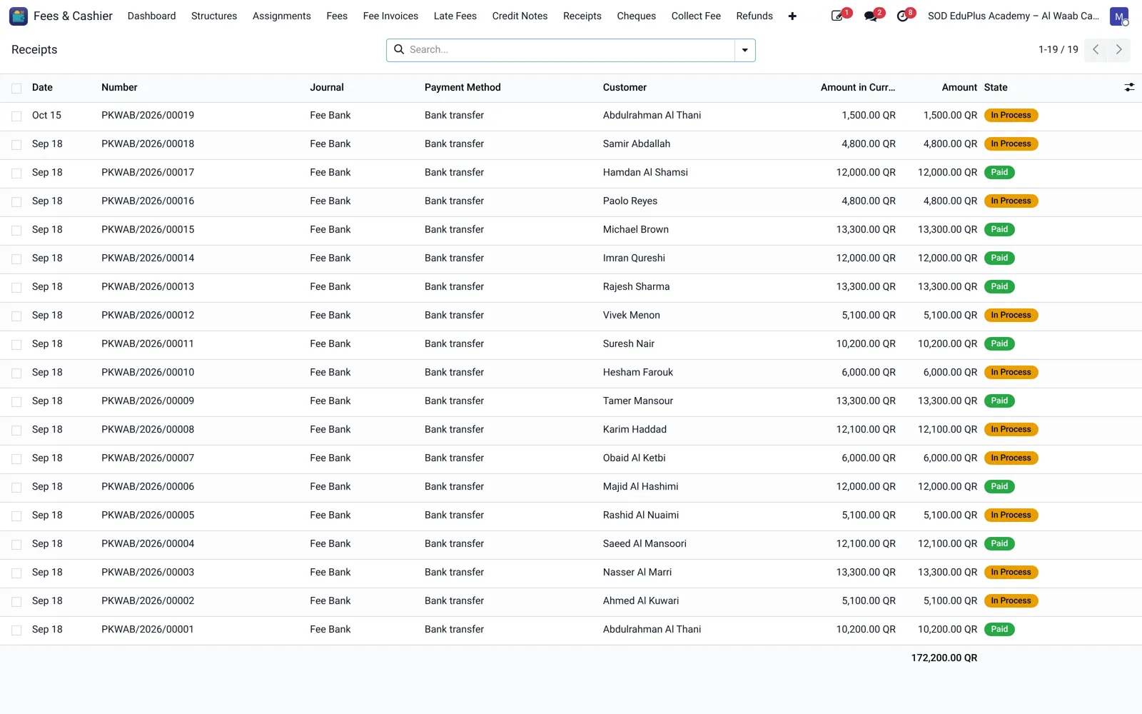 SOD EduPlus fee receipts list