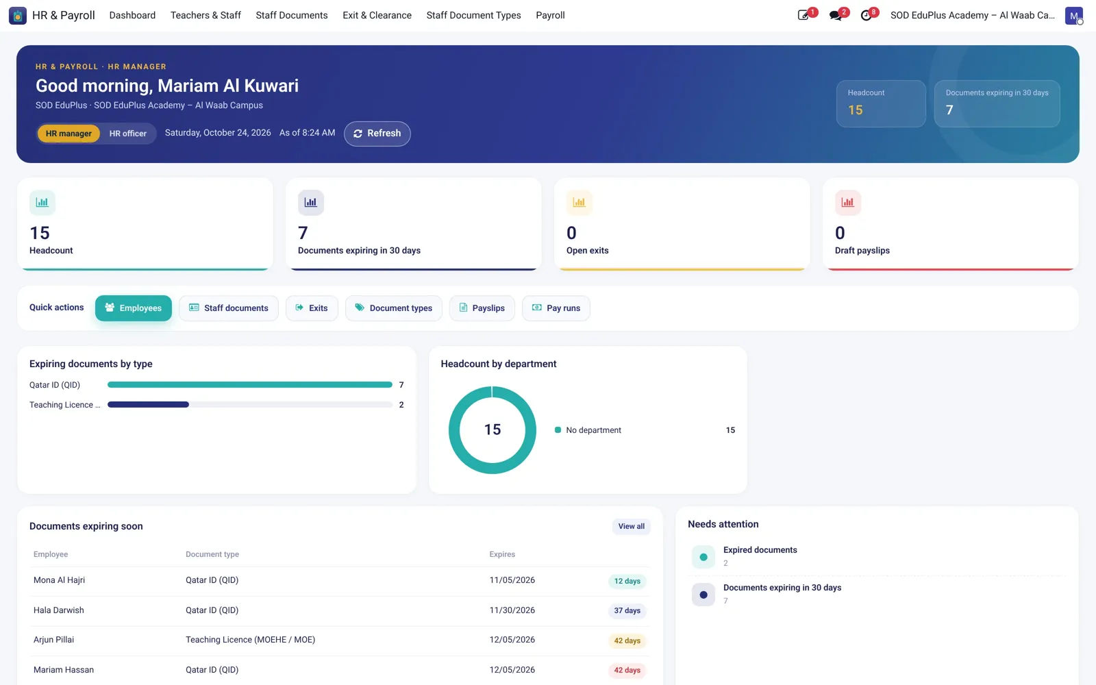 SOD EduPlus HR & Payroll screen
